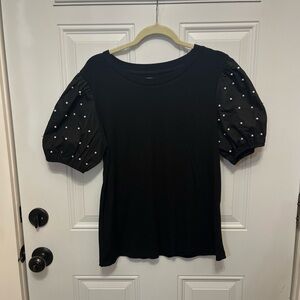 Black Puff Sleeve Top with Faux Pearl Accents NWOT